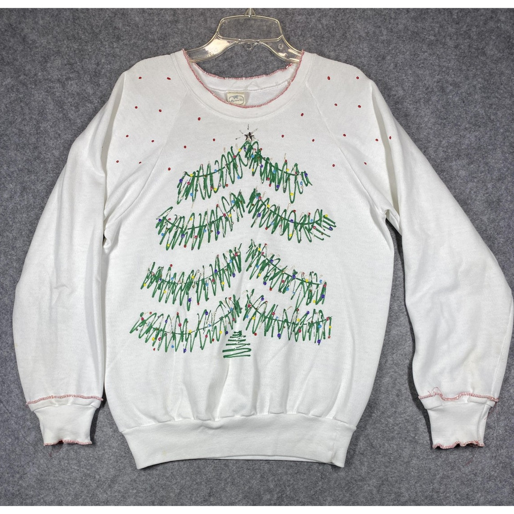 Vintage Anvil Sweater Womens Medium Handmade Christmas Tree Holiday 80s USA